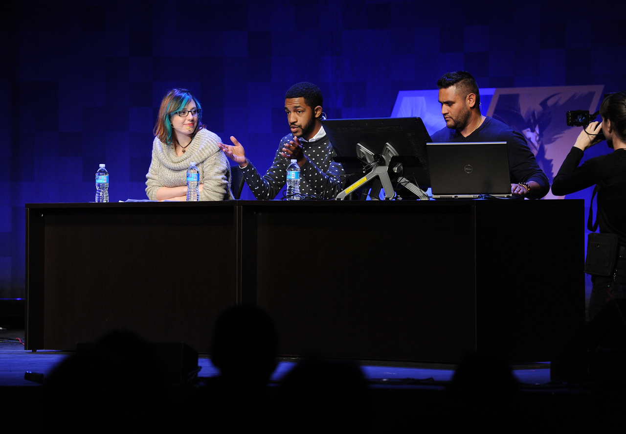 Shannon Berke, Evan Monteiro and Josh Singh speak on their panel, ART DEMONSTRATION BY LEAGUE OF LEGENDS ARTISTS.