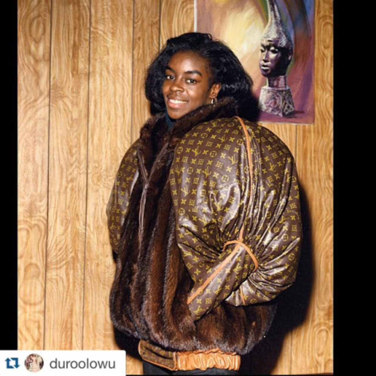 Olympic gold and silver medalist Diane Dixon in jacket by 1980s Harlem Hip Hop tailor Dapper Dan. #style #hiphop #chic #harlem #DapperDanHarlem. Hear Dapper Dan’s story in #FreshDressed